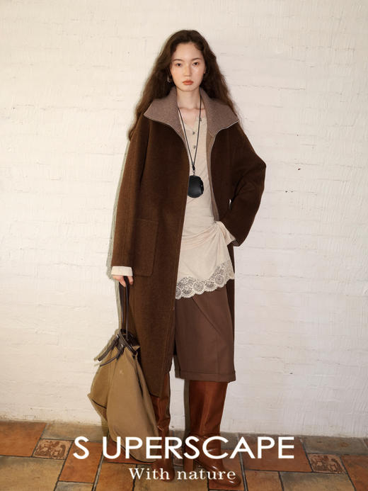 素舶 山羊绒桑蚕丝绵羊毛奢感针织立领拼接双色立绒双面呢大衣 商品图0