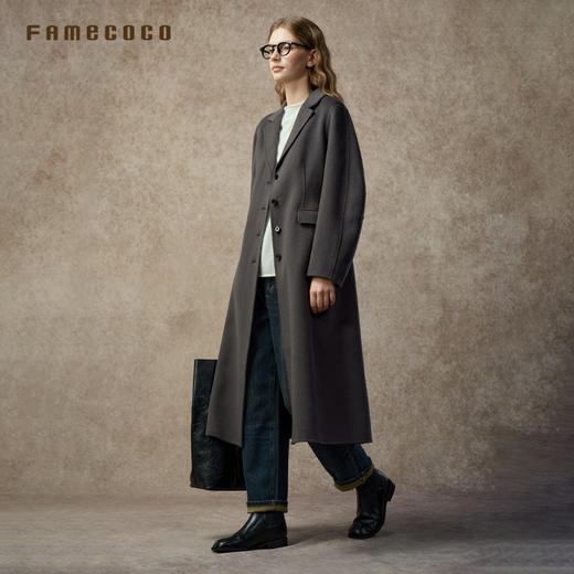 Famecoco梨型显瘦水洗深蓝高腰牛仔裤薄绒款宽松直筒裤FAC8GA033 商品图4