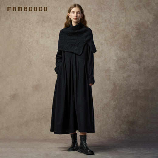 Famecoco简约经典肌理感羊毛开襟连衣裙中式圆领A字长裙FAC8FA017 商品图4