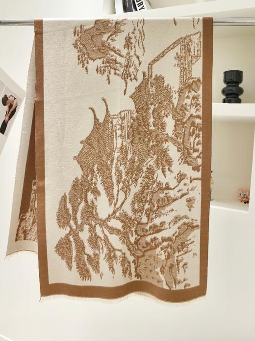 一周内发货【3色山水画围巾&披肩两用】卡其、黑色、蓝色，正反两用~尺寸：63*180cm，克重：360克，不压肩。成分：黏胶棉，不易起球~ 商品图4