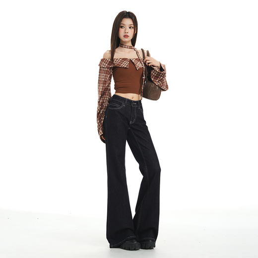 罗蒙春秋款女士牛仔裤丹尼深蓝微喇叭裤子显瘦百搭原色弹力阔腿拖地长裤 商品图5