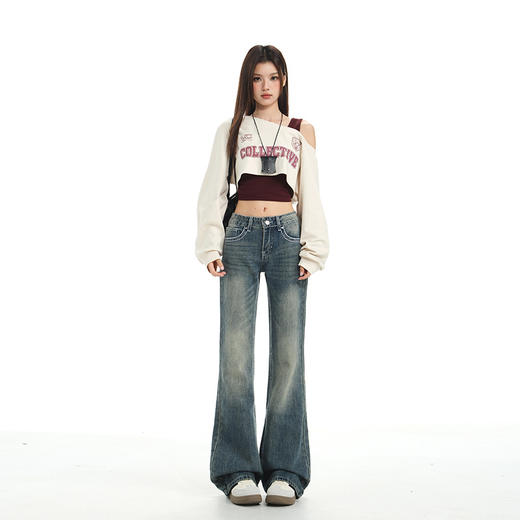 罗蒙春秋款牛仔裤女士复古水洗渐变微喇裤低腰辣妹风显瘦喇叭拖地裤子 商品图1