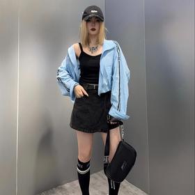 NC翻领袖子拼织带风衣外套50314（蓝白）秋季252020010321