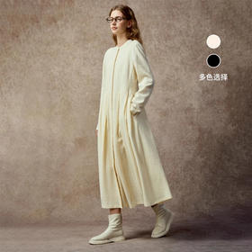 Famecoco简约经典肌理感羊毛开襟连衣裙中式圆领A字长裙FAC8FA017