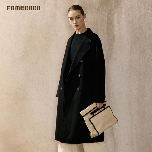 Famecoco简约西装领宽松直筒纯羊毛双面呢大衣长款毛呢FAC8AQ026 商品图1