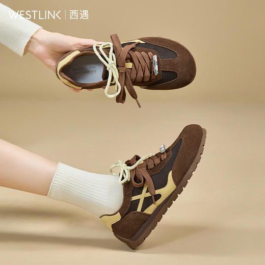 西遇棕色德训鞋女新款秋季美拉德双鞋带舒适休闲鞋平底运动鞋K0057297 商品图1