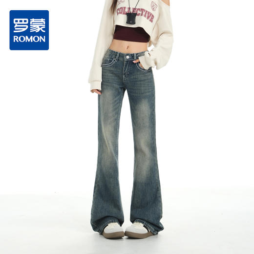 罗蒙春秋款牛仔裤女士复古水洗渐变微喇裤低腰辣妹风显瘦喇叭拖地裤子 商品图0