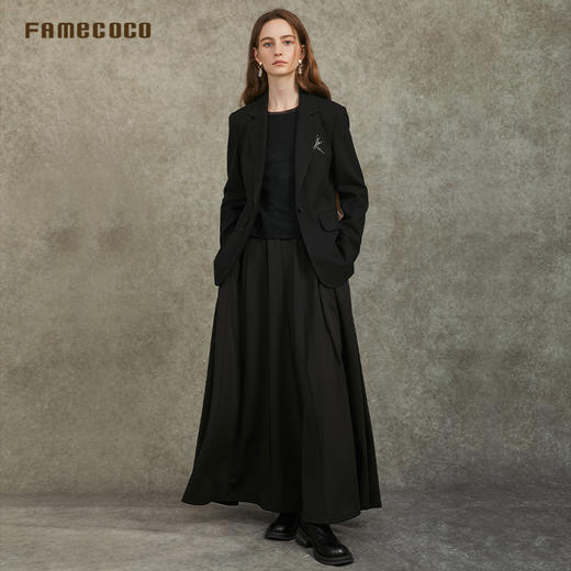 Famecoco范可儿气质百搭纯色半身裙垂坠感显瘦A字大摆裙FAC6HA024 商品图4