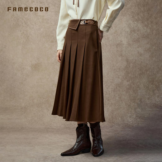 Famecoco范可儿气质高腰TR料显瘦A字百褶百搭半身裙FAC8HA030 商品图1