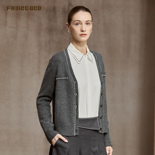 Famecoco优雅小香风V领短款开衫优质澳毛混纺针织衫外套FAC8DE001 商品图1