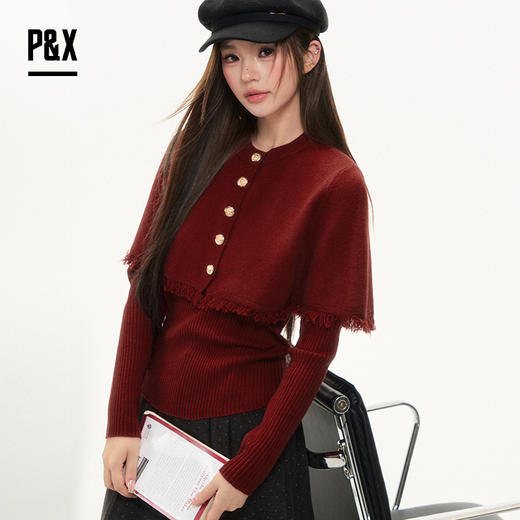 P&X设计师女装2025冬季斗篷毛针织衫两件套上衣825415096 红色 商品图4