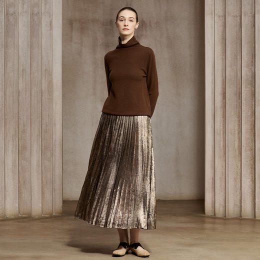 Famecoco范可儿烫金偏光半身裙高级肌理感A字百褶裙FAC8HA027 商品图0
