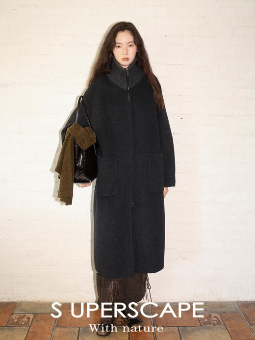 素舶 山羊绒桑蚕丝绵羊毛奢感针织立领拼接双色立绒双面呢大衣 商品图2