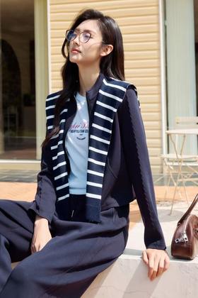 伯妮斯茵 | 简约休闲 帝释青色针织拼接外套 立领拉链设计 搭配条纹撞色披肩 日常通勤款 SZ3WAL66 - 帝释青外套