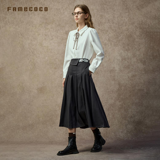 Famecoco范可儿气质高腰TR料显瘦A字百褶百搭半身裙FAC8HA030 商品图4