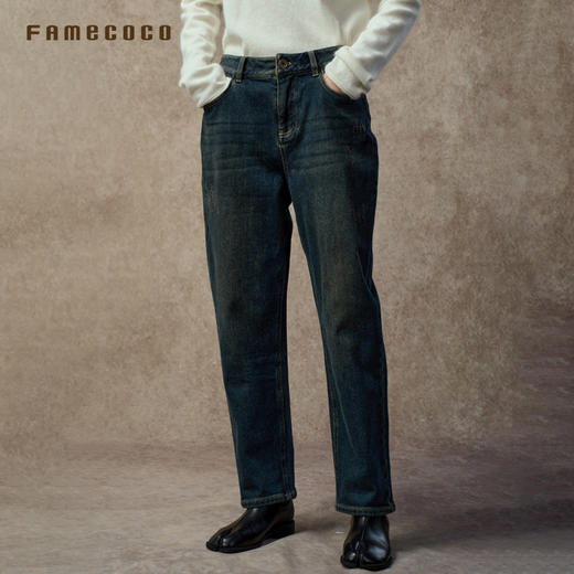 Famecoco梨型显瘦水洗深蓝高腰牛仔裤薄绒款宽松直筒裤FAC8GA033 商品图1