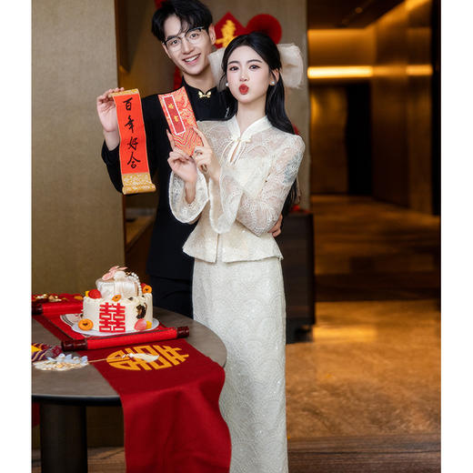 香槟色订婚旗袍敬酒服新娘新中式结婚礼服连衣裙高级感长袖两件套 商品图4