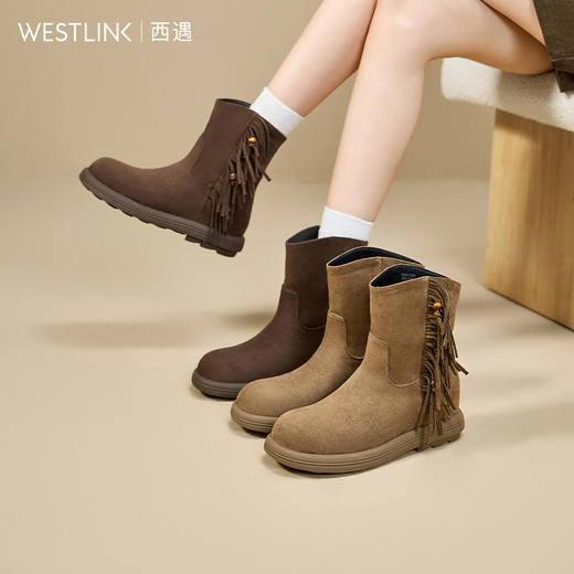 西遇勃肯短靴女新款秋冬复古V口流苏西部牛仔靴圆头平底单靴V2257256 商品图0