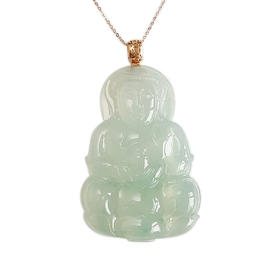 【天然正品】A货翡翠AU750收藏级玫瑰金镶天然细腻冰种飘蓝花观音坐莲（平安安乐）翡翠吊坠项链链长：45CM（长度可调节）中性161025XY12现售价：17800