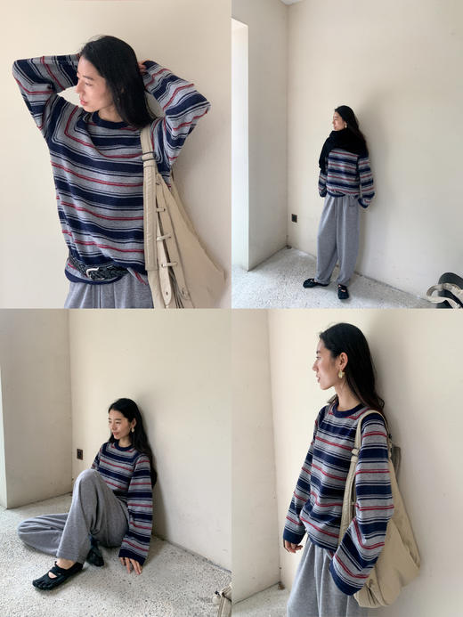 素舶 美利奴羊毛细腻柔软渐变条纹撞色百搭圆领宽松针织衫毛衣 商品图3