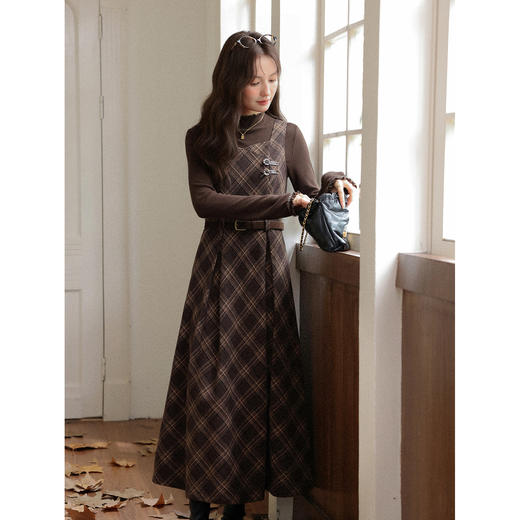 鹿向南「苏黎落叶」棕色格子背带连衣裙女秋季高级感显瘦长款裙子 商品图2