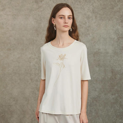 Famecoco范可儿高级感气质印花短袖天丝棉圆领T恤上衣FAC6BB006 商品图0