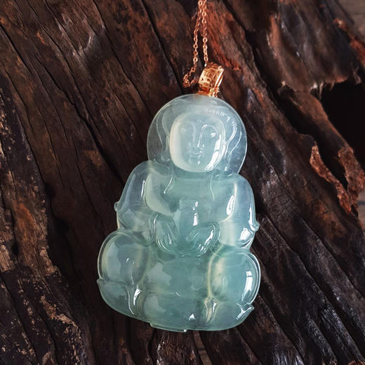 【天然正品】A货翡翠AU750收藏级玫瑰金镶天然细腻冰种飘蓝花观音坐莲（平安安乐）翡翠吊坠项链链长：45CM（长度可调节）中性161025XY12现售价：17800 商品图3