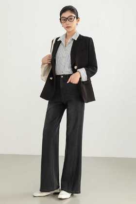 SZ3L05_漆黑色_牛仔裤_秋季_高腰明线设计水洗做旧阔腿直筒_高级女装_BERNIEELEN 伯妮斯茵