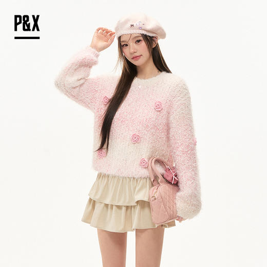 P&X设计师女装2025冬季保暖圆领女士温柔毛衣针织825418197 粉色 商品图2