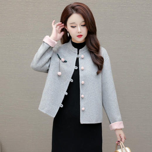QYM 5277CL1928-Y时尚双面呢子大衣圆领短款毛呢外套时尚复古盘扣上衣 商品图1