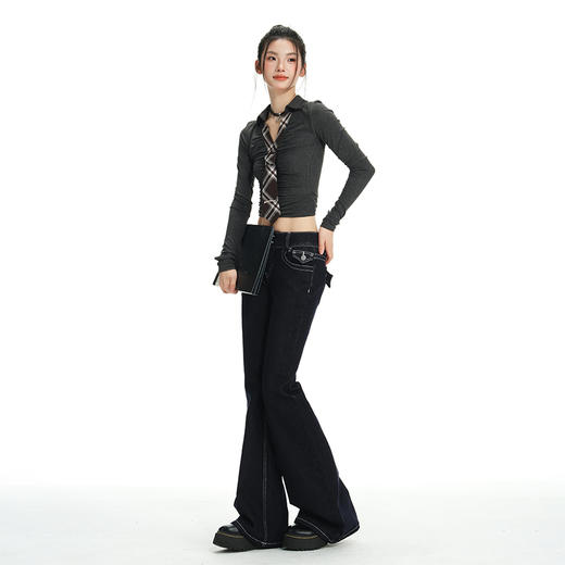 罗蒙春秋款女士牛仔裤丹尼蓝双排扣设计感微喇弹力修身显腿长低腰喇叭裤子 商品图6