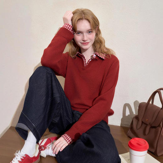 西遇假两件格纹拼接套头毛衣女冬季新款气质百搭翻领针织衫H0055301 商品图3