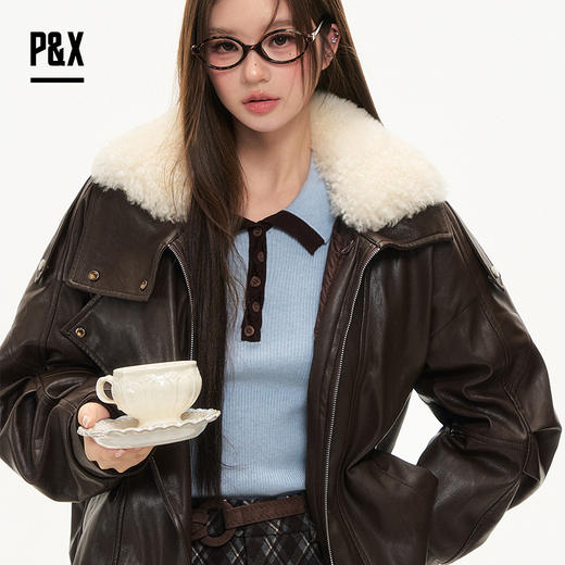 P&X设计师女装2025冬季极简风宽松PU皮短款羽绒服825424051 咖色 商品图3