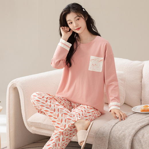 【热卖推荐】自然醒柔汐（带胸垫）女士家居服100%棉长袖长裤套头睡衣QH 商品图5