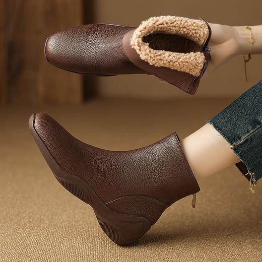 【预售5天】冬季新款厚底加绒短靴女方头百搭舒适羊皮后拉链中跟时装靴子DTN&266-8 商品图1