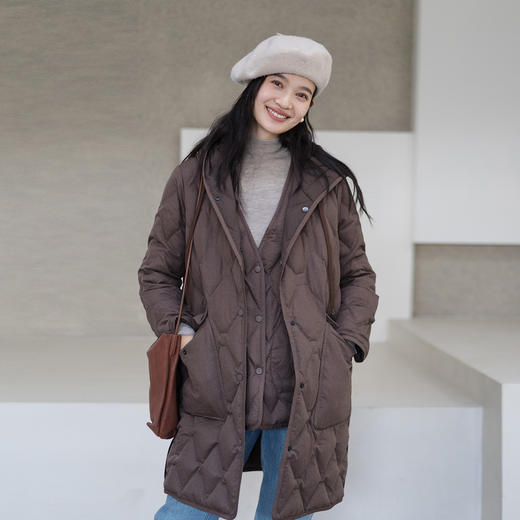 绽放643朵/可可菱格羽绒服·90白鹅绒斜纹连帽中长款羽绒马甲女 商品图0