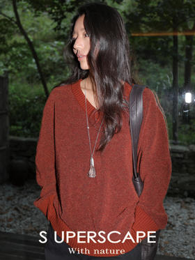 素舶 进口秘鲁羊驼毛圈圈纱V领拼接松弛感宽松针织套衫毛衣