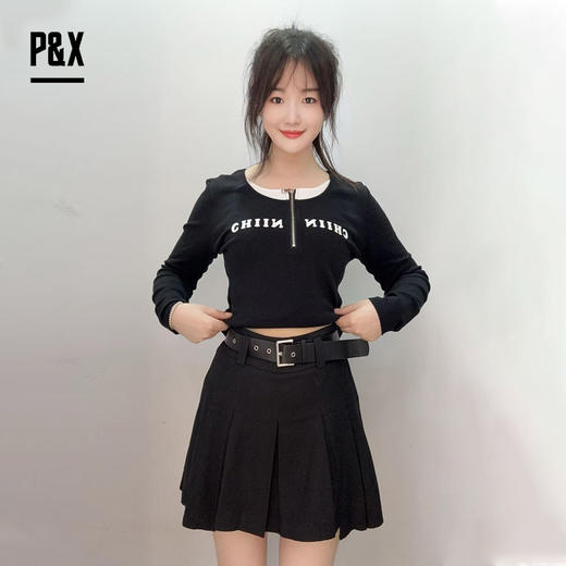 &X设计师女装百褶裙气质显瘦A字小众半身短裙824207697B 黑色 商品图1