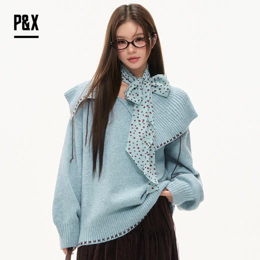 P&X设计师女装2025冬季针织复古大翻领宽松型毛衣825418166 蓝色 商品图0