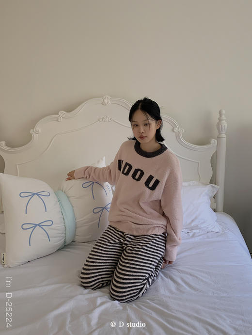 蓄热锁温~字母条纹秋冬加厚半边绒羽毛纱睡衣套装 可爱甜美家居服女 商品图2