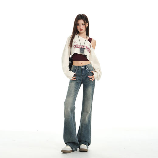 罗蒙春秋款牛仔裤女士复古水洗渐变微喇裤低腰辣妹风显瘦喇叭拖地裤子 商品图2