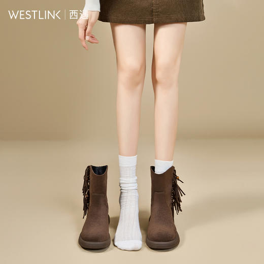 西遇勃肯短靴女新款秋冬复古V口流苏西部牛仔靴圆头平底单靴V2257256 商品图2