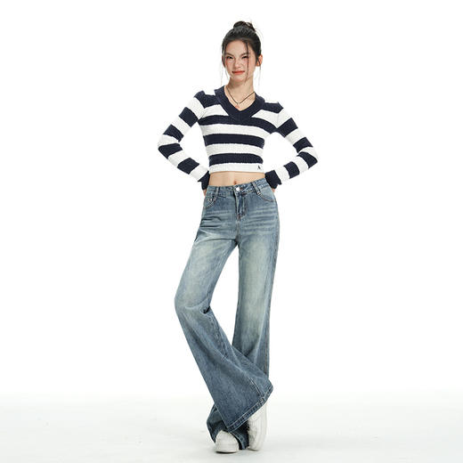 罗蒙春秋款女士牛仔裤微喇叭裤秋冬高腰显瘦设计感百搭垂感拖地长裤 商品图5