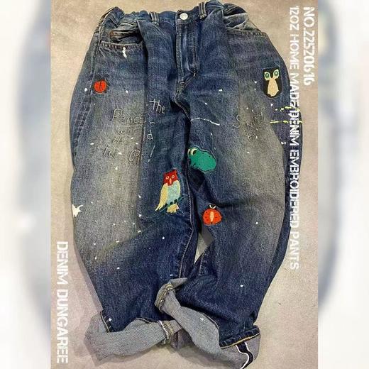 2025新款DD日系儿童刺绣猫头鹰泼墨复古丹宁宽松牛仔长裤秋冬！ 商品图1