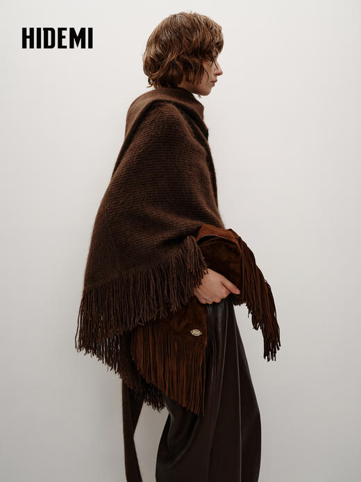 HIDEMI 大秀款藏地可溯源牦牛绒拉毛长拉绒系列流苏不对称加厚大斗篷针织毛衣双层双面加厚外套 商品图11