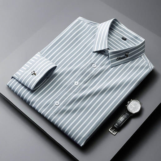 条纹衬衫男长袖潮流帅气韩版休闲款刺绣衬衣薄款夏款修身免烫休闲  YD-2036 商品图1