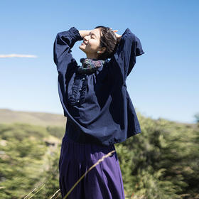 绽放690朵/花边儿小衫·亚麻棉气质花边碎褶宽松落肩长袖衬衫新款