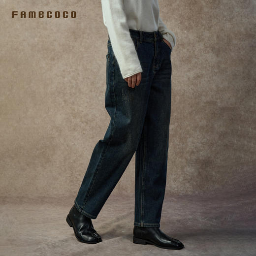 Famecoco梨型显瘦水洗深蓝高腰牛仔裤薄绒款宽松直筒裤FAC8GA033 商品图2