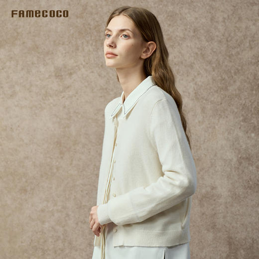 Famecoco极简圆领开衫优雅金线混织软糯羊绒针织衫外套FAC8DE006 商品图3