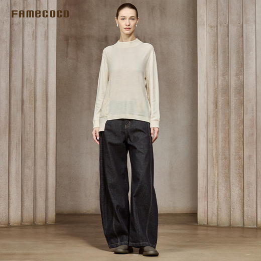 Famecoco宽松慵懒风圆领毛衣不规则绞花拼接长袖针织衫FAC8DC005 商品图2